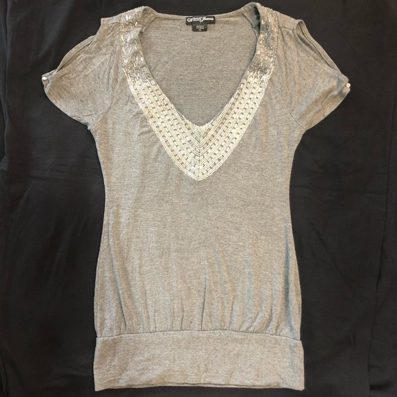 Guess Jeans Beaded Grey Blouse, Cold Shoulder - Picture 2 of 9
